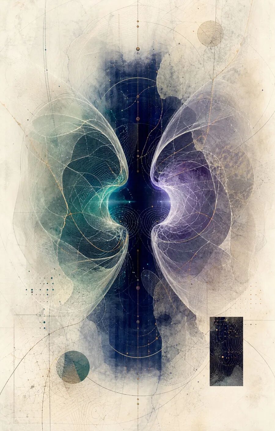 图01|分析合一不是两个人融合,而是一个临时经验场:两个非人物的透明场域向同一个黑暗中心弯曲,但没有互相占有。