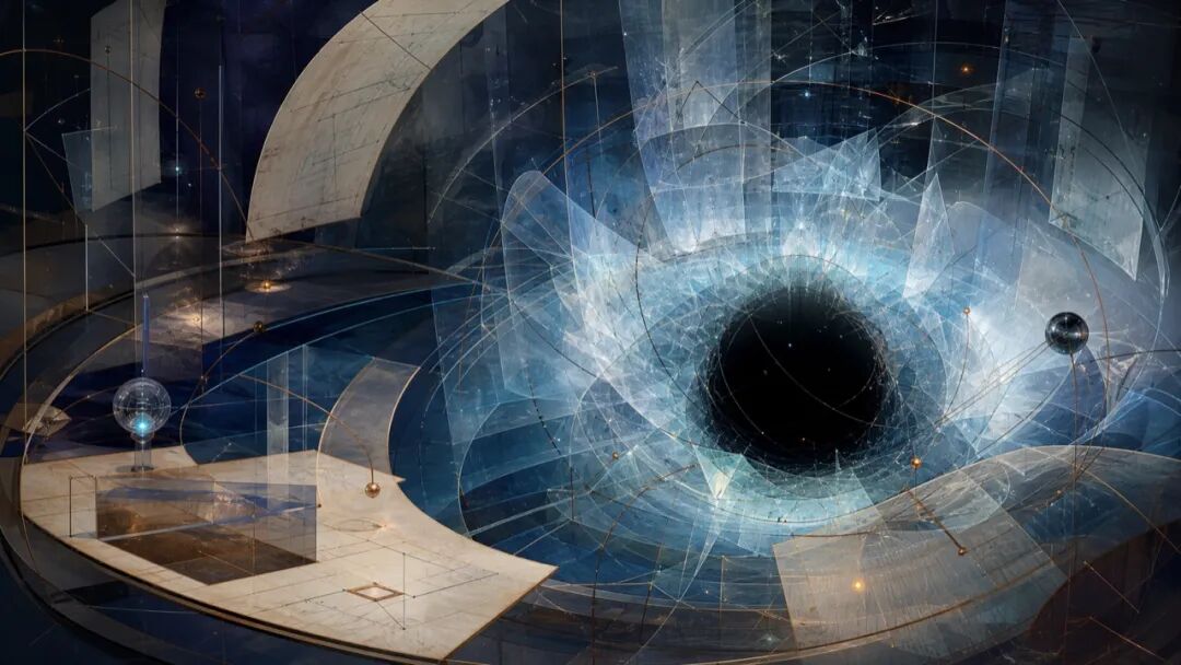 图03|Bion 的 O 不是知识对象,而是会改变观察者的情感现实。图像中的测量线在黑色中心周围弯曲,提示分析师并不站在现实之外。